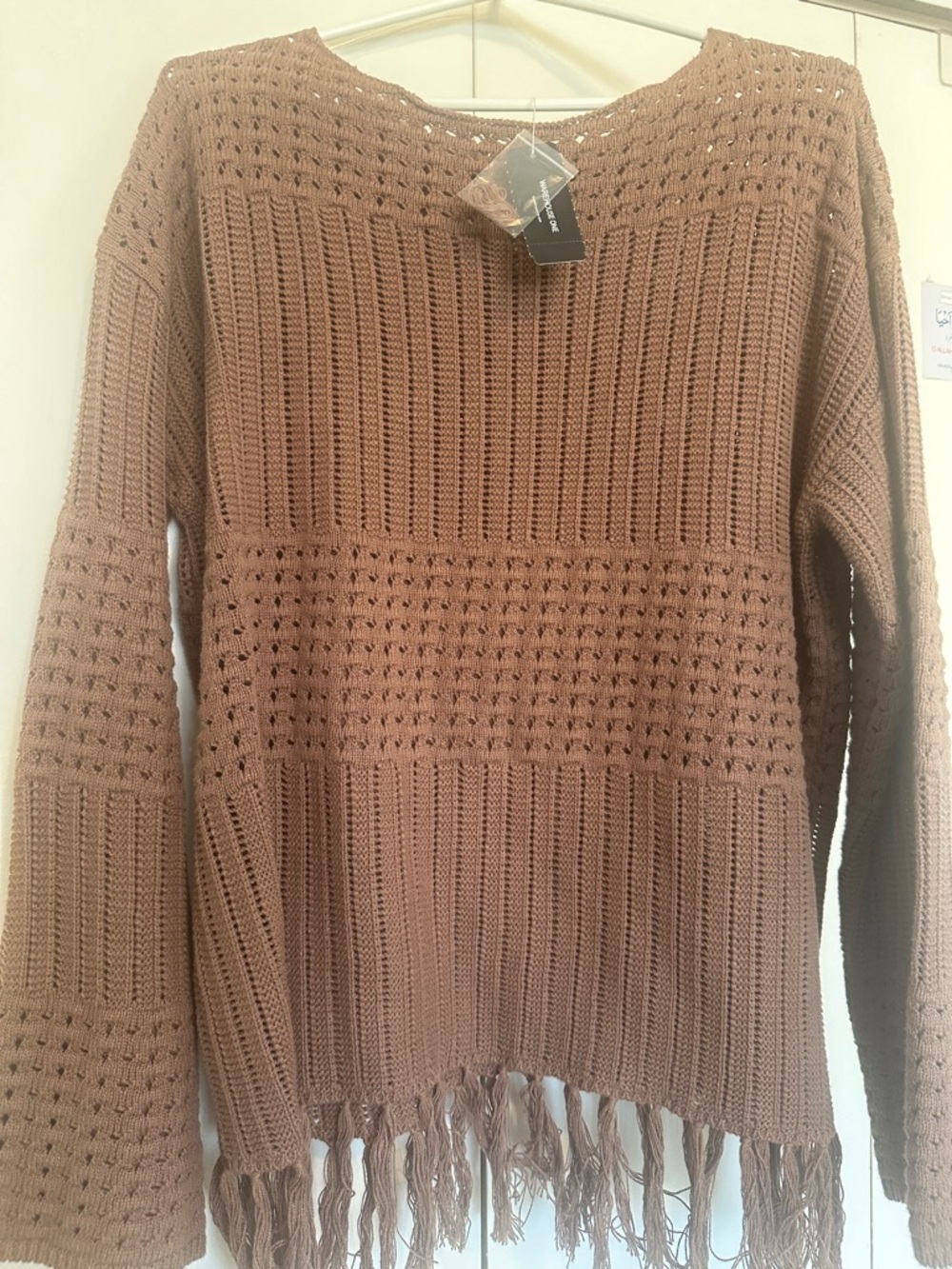 Women's Open-Knit Fringe Hem Sweater - Brown